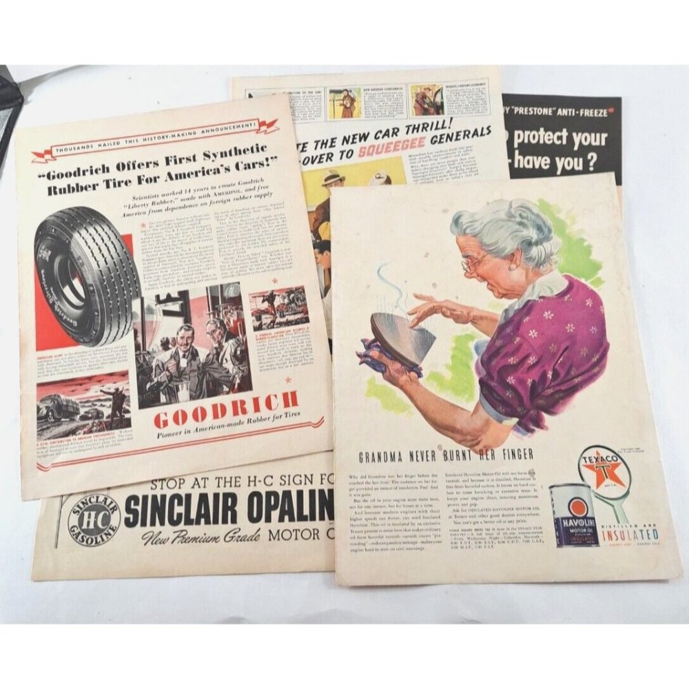 VTG Automotive Print Ads Lot Of 5 Goodrich Texaco Prestone 1940s Garage Art